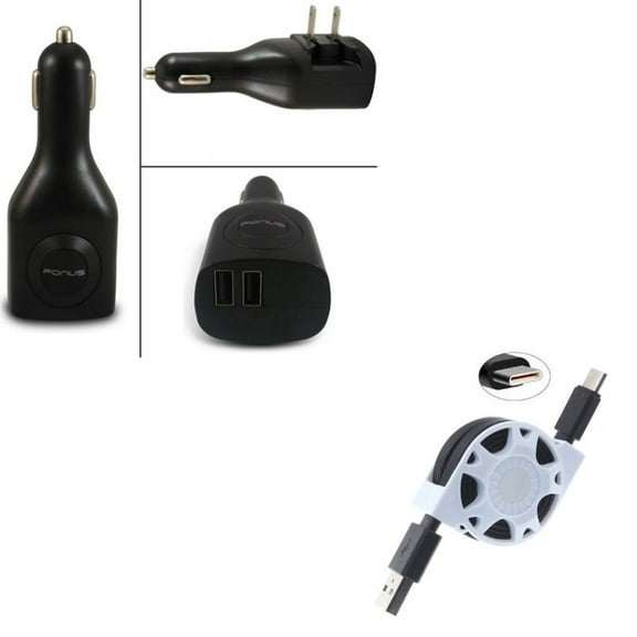 2-in-1 2-Port USB Car Home Charger w Type-C Retractable USB Cable P6J for Acer Liquid Jade Primo - Alcatel PulseMix, 7, Idol 5S 5 4S - ASUS Zenfone V Live, ROG Phone, AR 6 5z 4 Pro