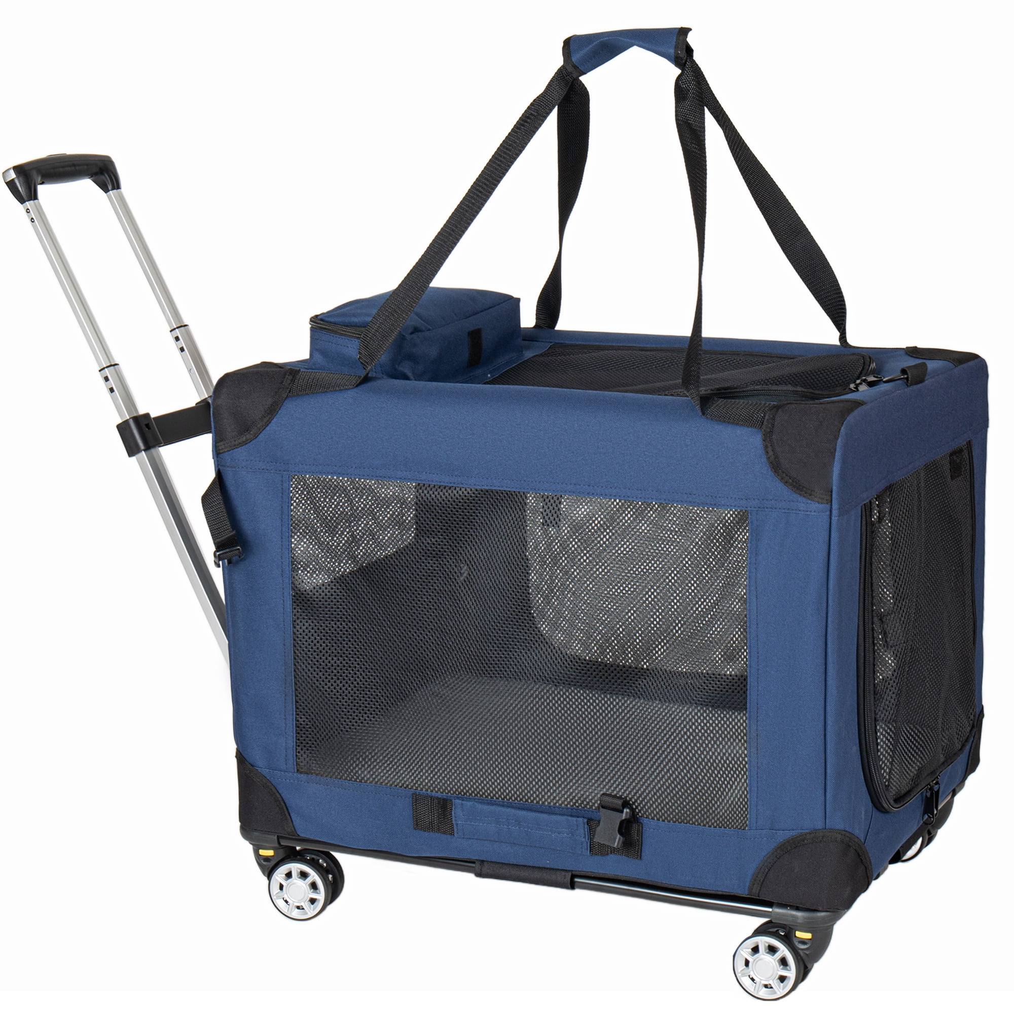 2-in-1 24 Inch Collapsible Dog Crate, Dark Blue Rolling Pet Carrier with Removable Wheels, 3-Door Mesh Folding Kennel, Portable Travel Crate for Medium Large Dogs Indoor Outdoor Use