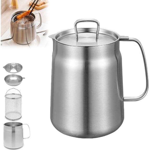 2-in-1 304 Stainless Steel Multifunctional Oil Strainer Pot, Large Capacity 304 Stainless Steel Oil Strainer Pot with Fry Basket Grease Container for Kitchen Cooking Camping (2L/70oz)