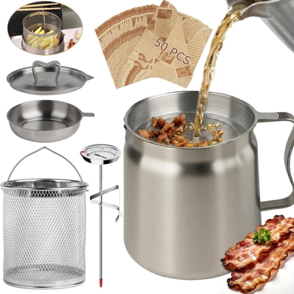 2-in-1 304 stainless steel multifunctional oil strainer pot, Oil Filter Pot Bacon Grease Saver with Strainer, 68oz Large Capacity Fryer Pot with Basket,Cooking Thermometer & 50 Wax Papers