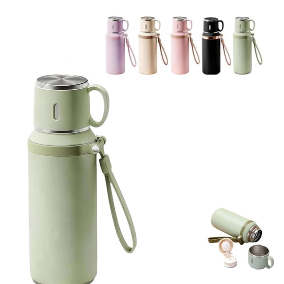 2-in-1 316 Stainless Steel Vacuum Insulated Water Bottle - Double Wall Flask with Detachable Lidded Cup for Sports Travel Camping Daily Hydration, Leakproof Hot Cold Drinkware, 3*9in, Green