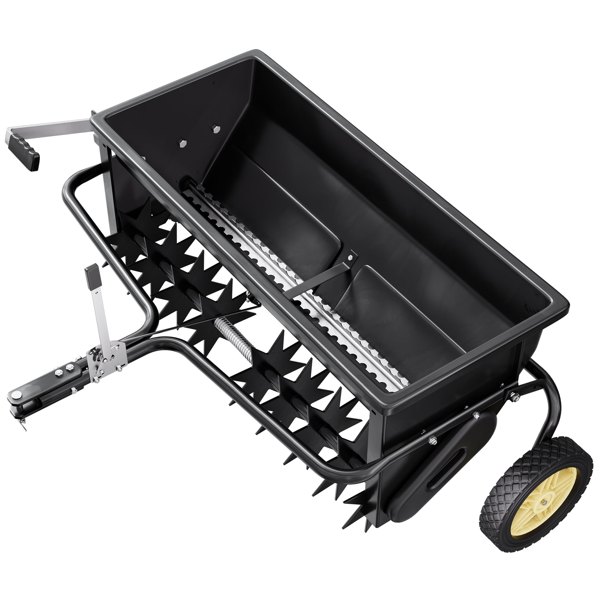 2-in-1 32" Tow Behind Lawn Spreader & Spike Aerator, 100 lbs Broadcast Seeder with 72 Aeration Tines, Universal Hitch for ATV, UTV & Garden Tractors