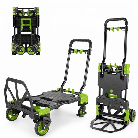 2-in-1 330 lbs Capacity Foldable Cart, Folding Hand Truck Convertible Dolly Cart with Retractable Truck/Dolly for Travel, Moving, Shopping, Office, Green