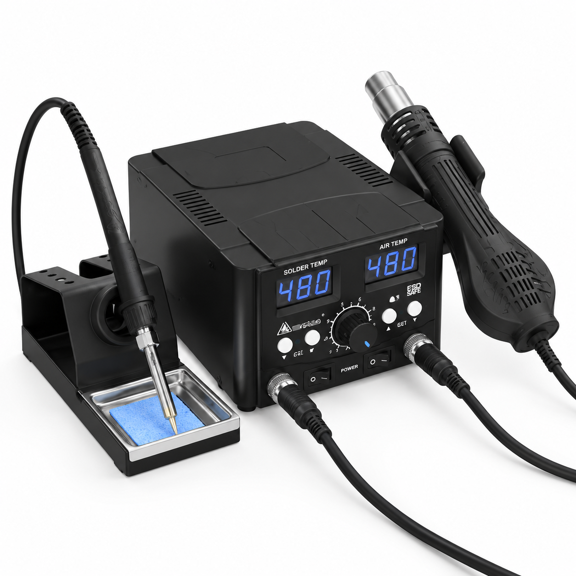 2-in-1 750W LED Digital Soldering Station with Hot Air Rework and Electric Iron for PCB, SMD, BGA Welding
