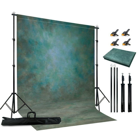2-in-1 Abstract Green Photography Backdrop Stand Kit 6.5x6.5 ft Portable Dual Rod Stand with 6x8ft Polyester Backdrop for Portraits and Photo Props