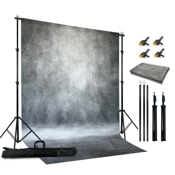 2-in-1 Abstract Grey Photography Backdrop Stand Kit -6.5x6.5 ft Portable Dual Rod Stand with 6x8ft Polyester Backdrop for Portraits and Photo Props