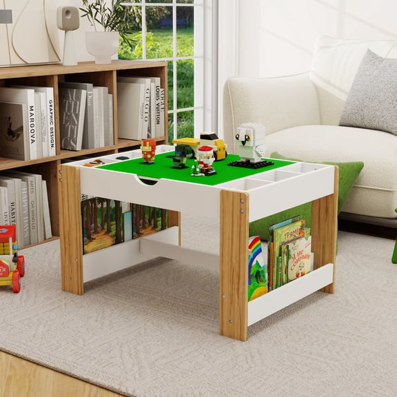 2 in 1 Activity Table with Storage, Kids Play Table with LEGO Building Blocks