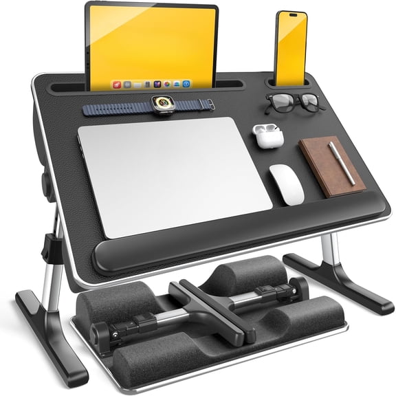 2-in-1 Adjustable Bed Table and Lap Desk, Foldable Laptop Desk with Soft Cushions, 5-Level Height and 35 Tilt, Wrist Rest and Tablet Holder for Bed, Couch and Sofa, Black