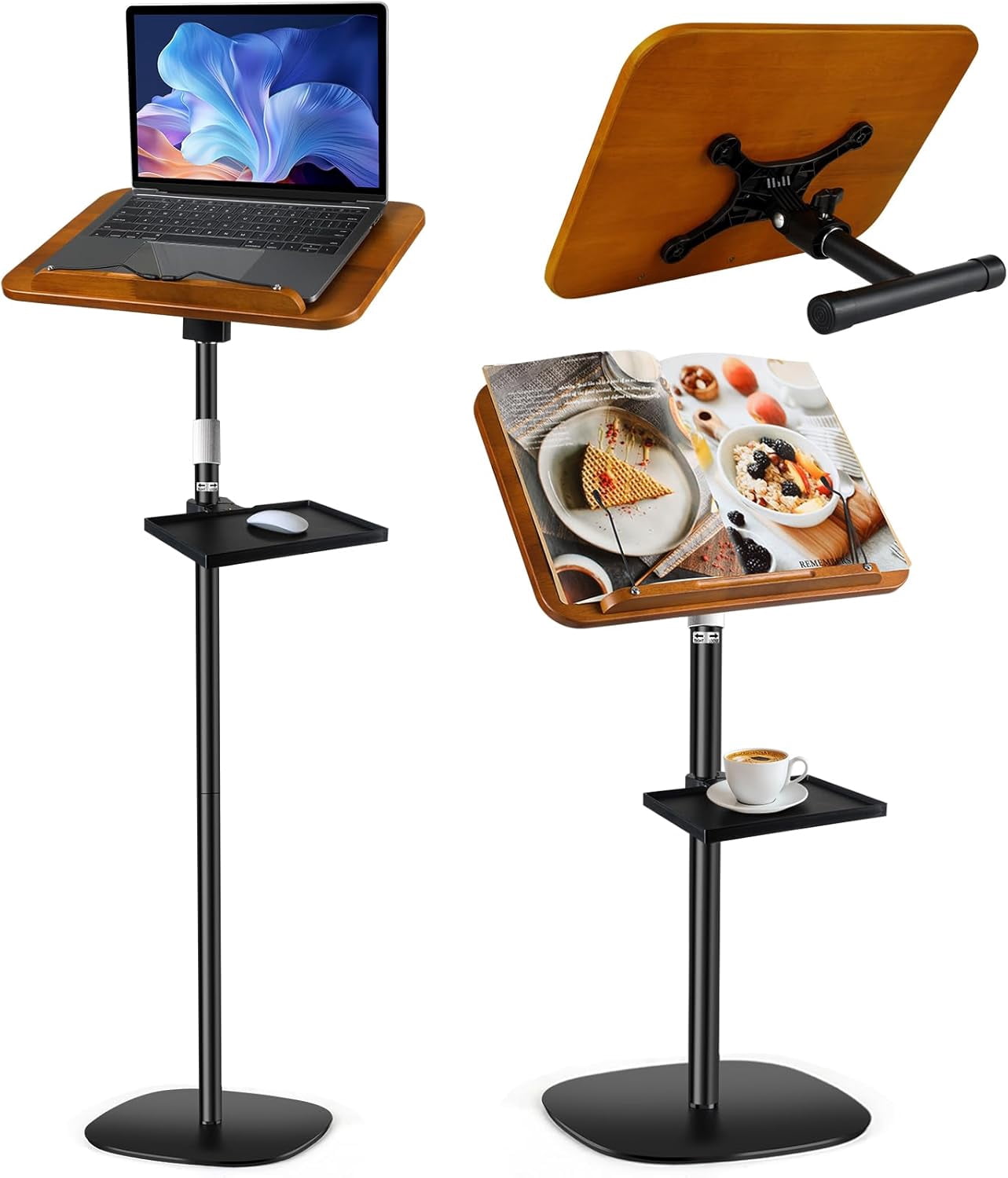 2-in-1 Adjustable Book Stand & Music Stand, 22-51in Dual-Use Floor and Desktop Book Holder Stand, Heavy Duty Solid Wood, with Elastic Page Clip for Cookbooks, Sheet Music, Tablet, Laptop, Projector