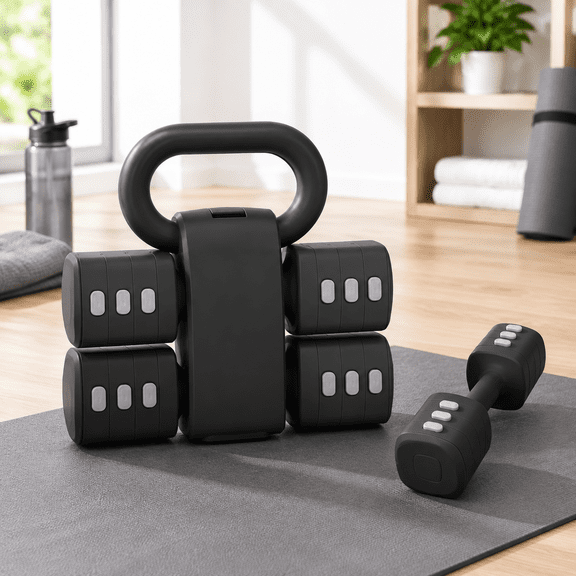 2-in-1 Adjustable Dumbbell Kettlebell Set, Black, Compact Home Fitness Weights