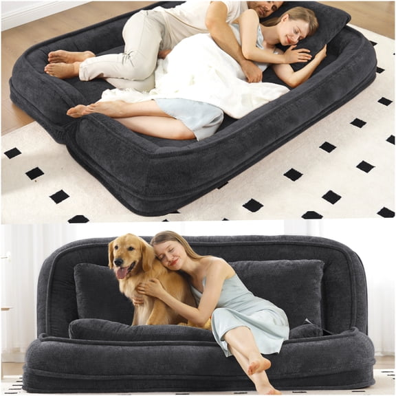 2-in-1 Adjustable Floor Sofa Bed, Large Loveseat with Plush Chenille Upholstery, Convertible Chair for Living Room, Black