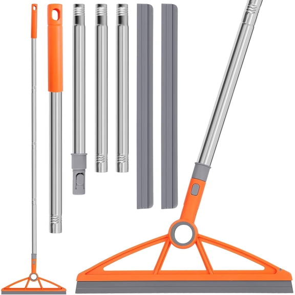 2-in-1 Air Broom, 180 Rotating 54 Inch Adjustable Silicone Rubber Broom Includes 2 Scraping Strips, Sweep and Silicone Tools with Long Handle for Cleaning Bathrooms,Glass,Tiles,Pet Hair