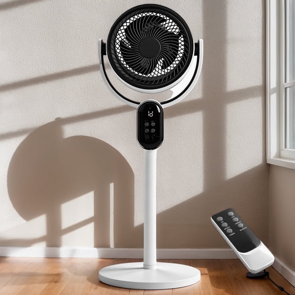 2-in-1 Air Circulator Fan, 110V 40W, 3 Speed, 12H Timer, LED Display & Remote Control, Copper-Clad Aluminum Motor, Automatic Horizontal Oscillation, Manual Vertical Adjustment, Black & White