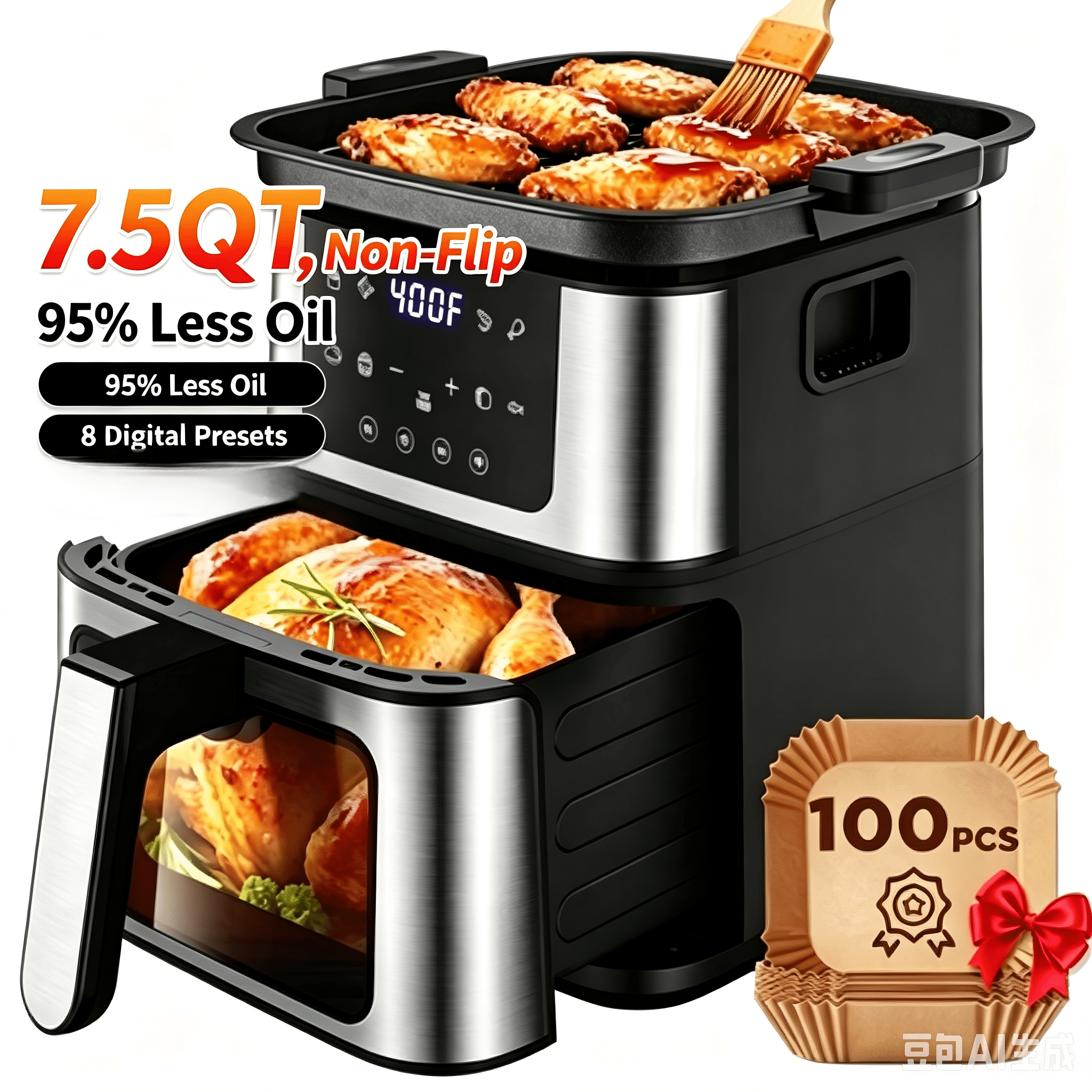 2-in-1 Air Fryer Grill Combo, Indoor Grill for Meet, 7.5 QT Capacity, 8 Digital Presets, 95% Less Oil Cooking, Clear Visible Window, Multi-Function Design for Family,Black