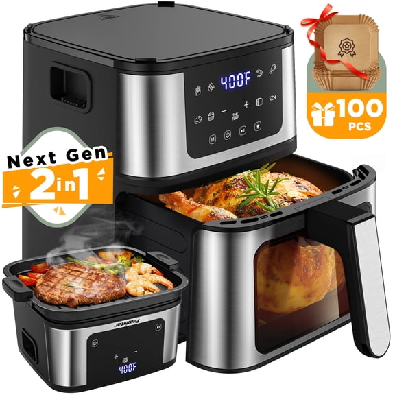 2-in-1 Air Fryer Grill Combo with Flip Plate, Viewing Window, 8 Presets, Nonstick Basket, 100 Liners Gift, Healthy Oil-Less Cooking for Family Meals