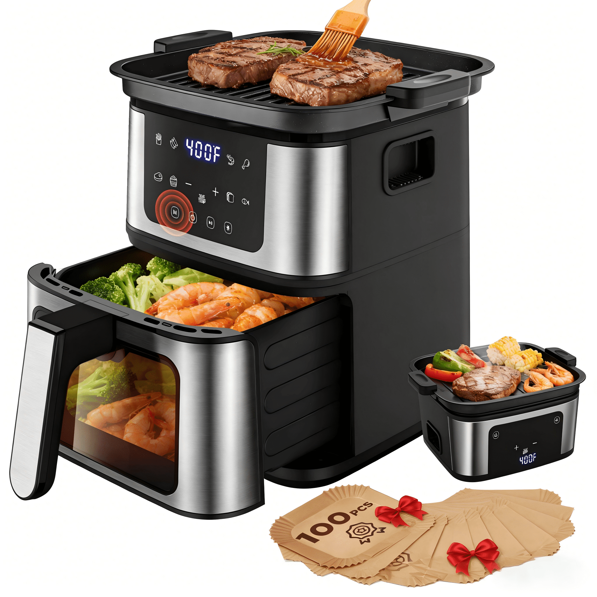 2-in-1 Air Fryer Grill Combo with Flip Plate, Viewing Window, 8 Presets, Nonstick Basket, 100 Liners Gift, Healthy Oil-Less Cooking for Family Meals