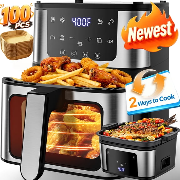 2-in-1 Air Fryer with Grill Plate, 7.5Qt Basket, 8 Preset Functions, 360 Air Flow Technology, Non-Stick, 100Pcs Free Paper