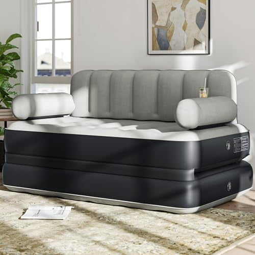 2-in-1 Air Sofa Bed with Headboard & External Pump, Queen Size Convertible Blow Up Couch for Camping, Home Use, and Guest Accommodations, Black$$Garden & Patio