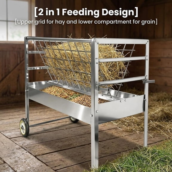 2-in-1 All-Weather 65LBS Feed Trough with Wheels, Easy Rolling Mobile Livestock Feeder, Rust-Resistant Hay Rack, Durable Large Capacity Grain Bin for Farm Pasture Paddocks