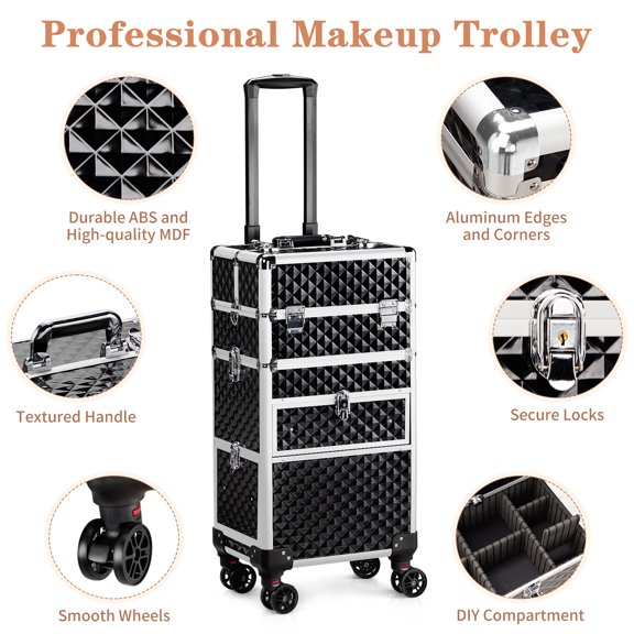 2in1 Aluminum Diamond Pattern Rolling Cosmetic Case, Detachable 360Spinner Wheel Makeup Trolley Storage Box, Black