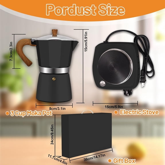 2-in-1 Aluminum Moka Pot Set with Electric Stove Classic Stovetop Espresso Coffee Maker 150ml 5oz Mocha Express Portable Camping Travel Preferred Cafe Makers Italian Cuban Café Brewing 3 Cup