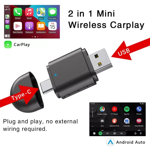 2 in 1 Android Auto Wireless Adapter & Wireless CarPlay Adapter Plug & Play Car