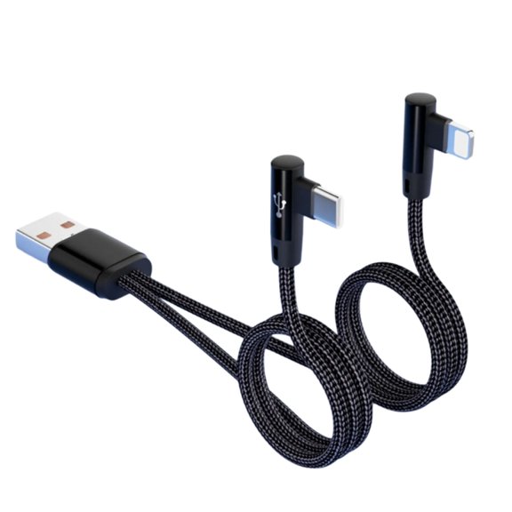 2 in 1 Angled Charger Cable Type C and Lightning 6A Fast Charging for Samsung and Apple Devices Black
