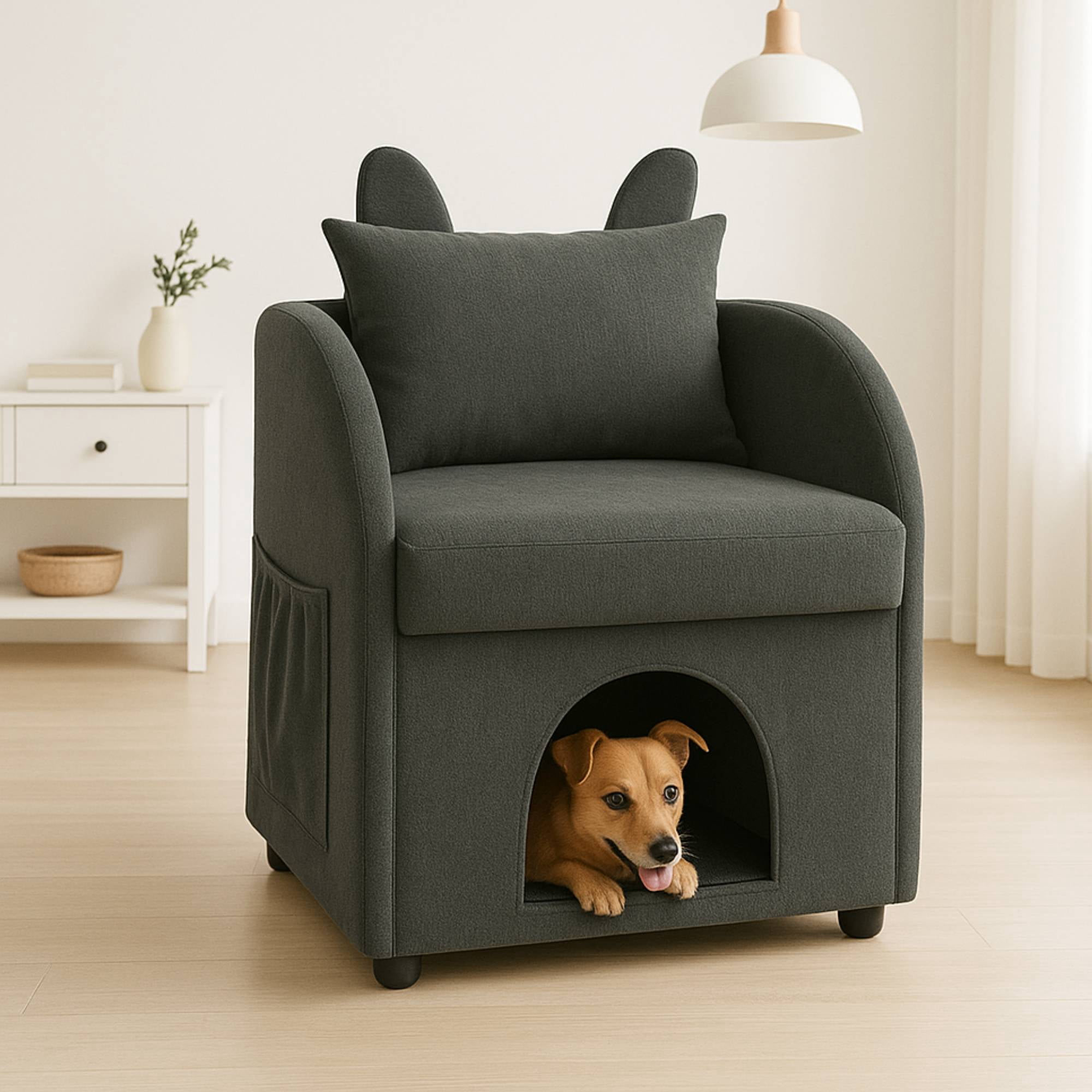 2-in-1 Armchair with Cat Dog Pet Hideaway, Pet-Friendly Accent Chair ...