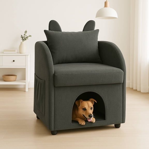 2-in-1 Armchair with Cat Dog Pet Hideaway, Pet-Friendly Accent Chair with Scratch-Resistant Fabric, Dual-Use Sofa Chair with Pocket for Living Room, Dark Grey