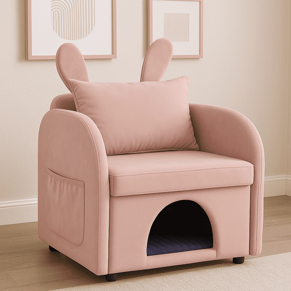 2-in-1 Armchair with Cat Dog Pet Hideaway, Pet-Friendly Accent Chair with Scratch-Resistant Fabric, Dual-Use Sofa Chair with Pocket for Living Room, Pink