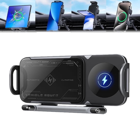2-in-1 Auto Rotating Wireless Car Charger & Phone/Pad Holder, 15W Fast Charging, One-Touch 90° Rotation, Smart Car Vent Mount for Smartphone, Tablet, Foldable Phone