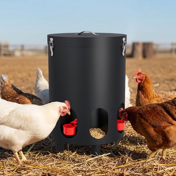 2-in-1 Automatic Chicken Feeder Waterer Dispenser Heavy Duty Metal Chicken Feeder Bucket Barrel for Poultry Quail Chickens Ducks Indoor Outdoor Black
