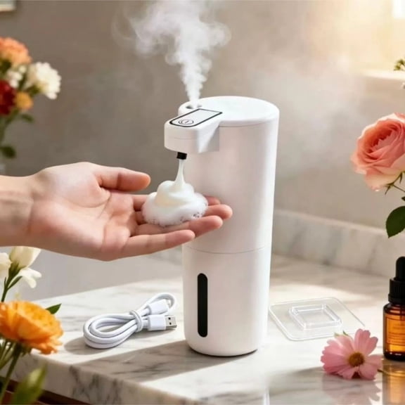 2-in-1 Automatic Foam Soap Dispenser and Aroma Diffuser, Rechargeable Touchless Hand Soap Dispenser with 4 Adjustable Levels, 400ml Capacity for Kitchen Bathroom