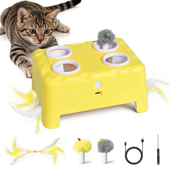2-in-1 Automatic Interactive Cat Toy – 4-Hole Mole & Rotating Feather | USB Rechargeable Electronic Feather Toy for Indoor Adult Cats & Kittens, Relieves Boredom