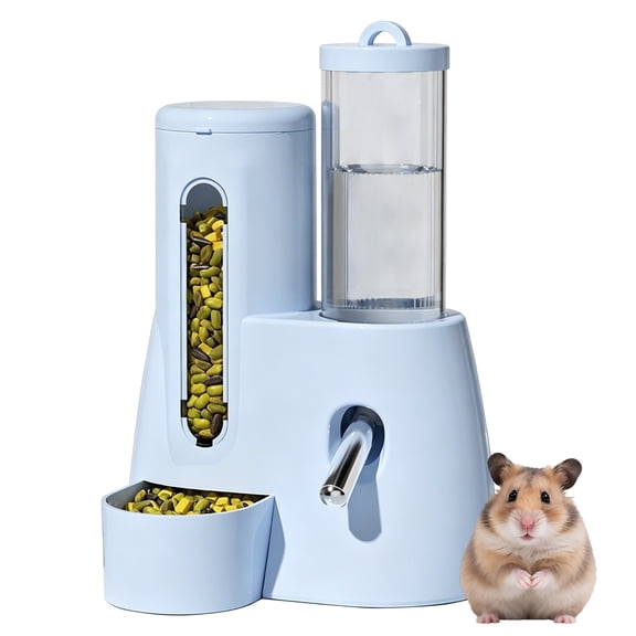 Small Pet Feeder and Water Dispenser, 2-in-1 Gravity Food Bowl with Ball-Bearing Bottle for Hamsters, Blue