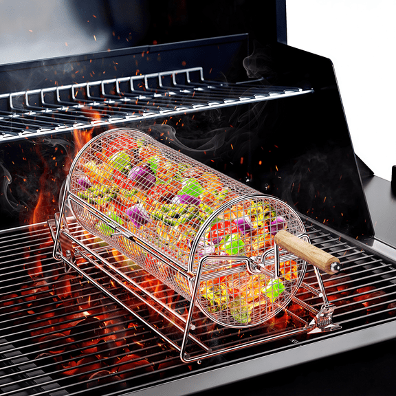 2-in-1 BBQ Rotating Grill Basket , 304 Stainless Steel, with Removable Wooden Dual Handles & Rotating Stand, for Veggies, Seafood, Meat – Gifts for Father's Day/Men/Dad/Husband
