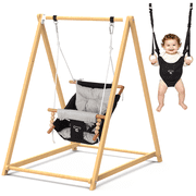 2-in-1 Baby Bouncer Jumper & Toddler Swing, Montessori Wooden Swing Set with Stand for Outdoor/Indoor, Suitable for Kids Up 3 Yrs