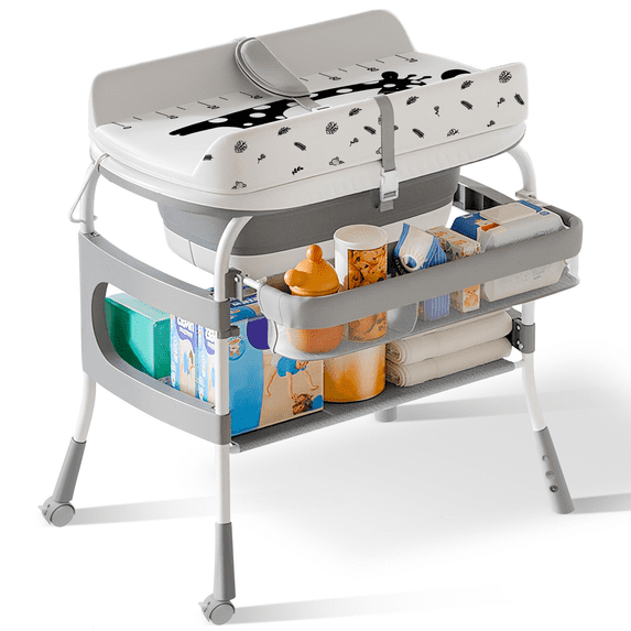2‑in‑1 Baby Changing Table & Bathtub, Foldable Design, 3‑Level Height Adjustable, Equipped with Wheels, Suitable for Infants