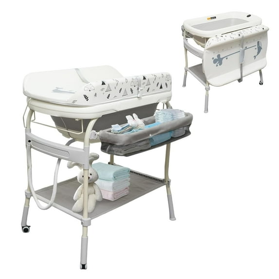 2-in-1 Baby Changing Table with Bathtub, Akaber Newborn Foldable Portable Diaper Station, Adjustable Height with Wheels, Waterproof Pad, Storage Rack