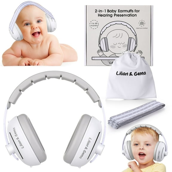 2-in-1 Baby Ear Muffs Noise Protection, Adjustable Headphones with Stretchy Band, Noise Cancelling for Toddler up to 4 Years, Airplane Essentials/Outdoor, White