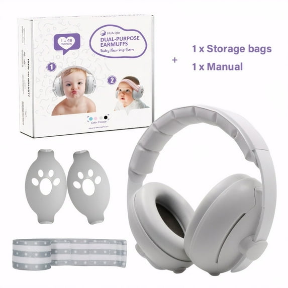 2-in-1 Baby Ear Muffs for Hearing Protection, Noise Cancelling Earmuffs for Babies and Toddlers up to 48 Months, Gray