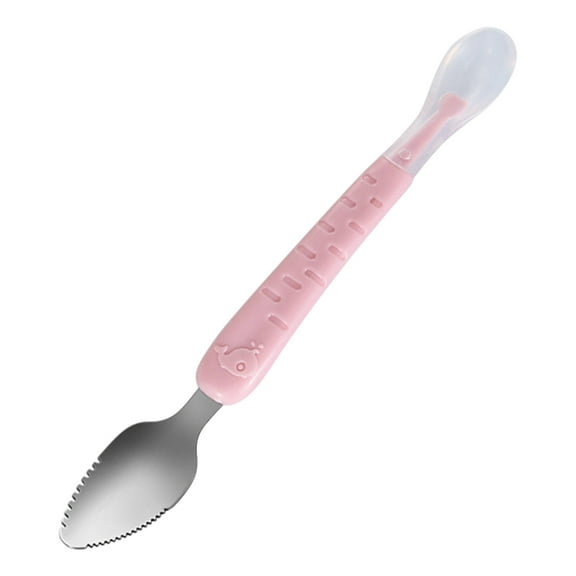2-in-1 Baby Food Spoon - Soft and Solid Stainless Steel Double-Headed Spoons for Beginners and Experienced Eaters, Ergonomic Handle, Easy to Clean, Dishwasher Safe Pink