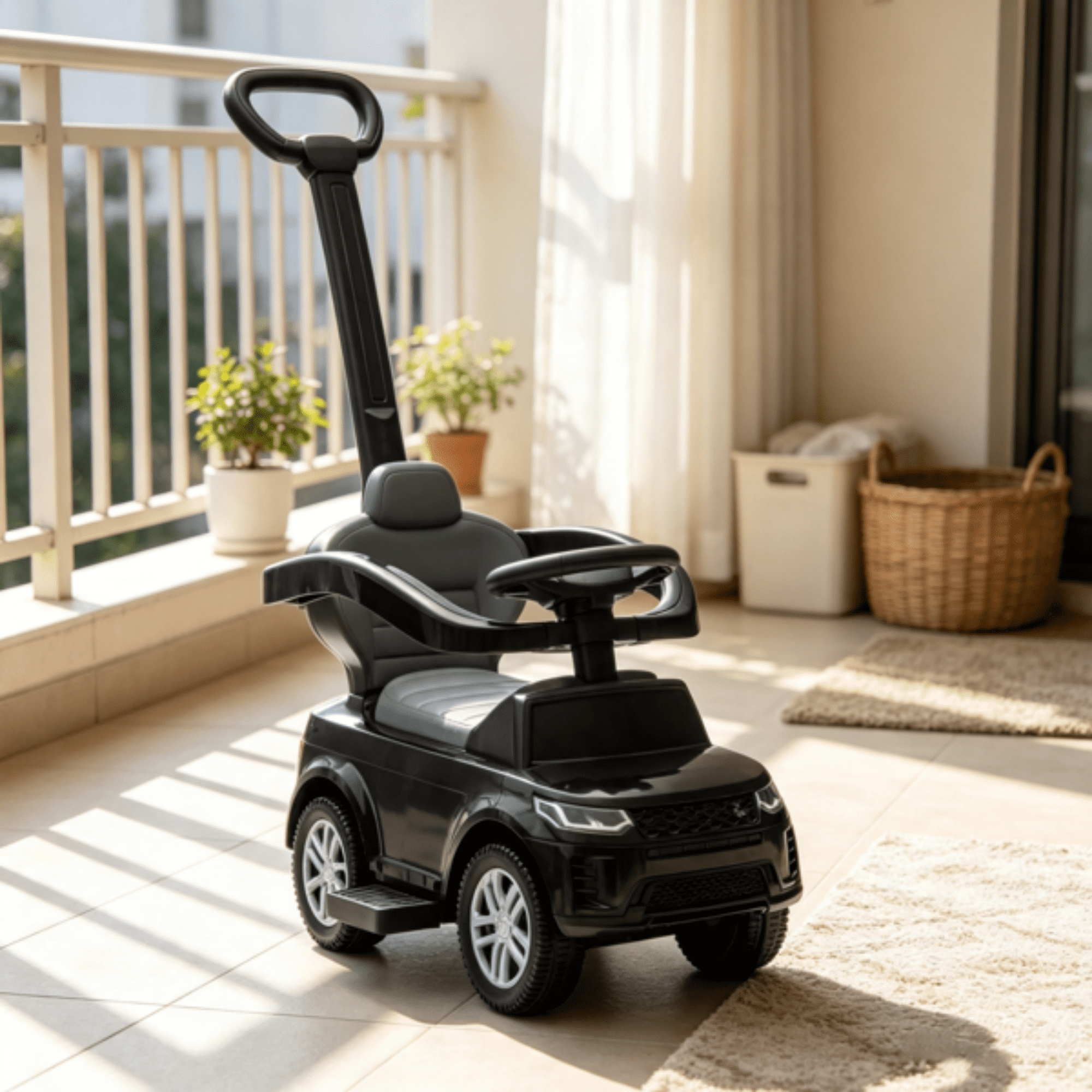 2-in-1 Baby Push Car & Ride-On, Push Handle with Safety Guardrail, Black