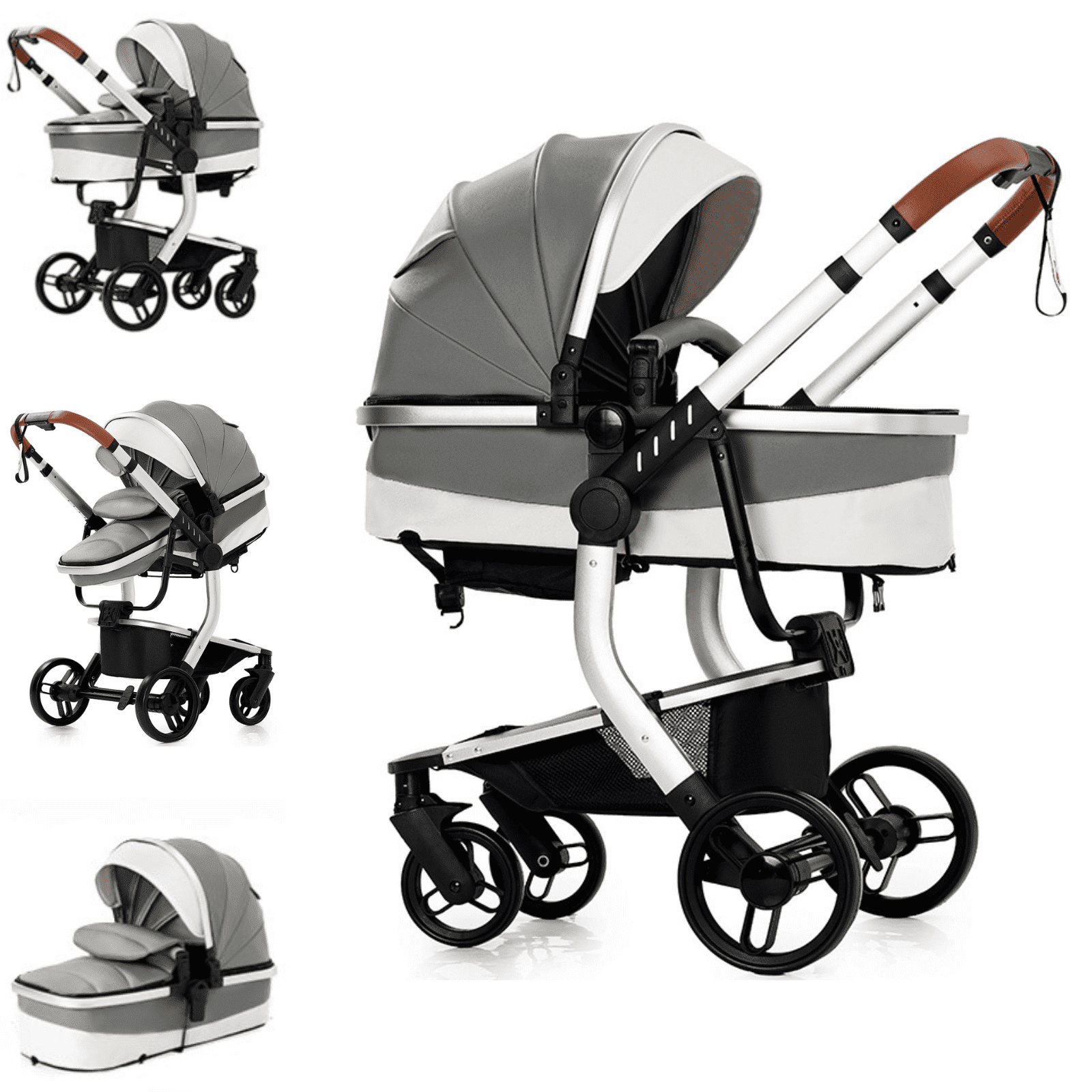 2-in-1 Baby Stroller,Convertible Toddler Stroller,Portable High Landscape Infant Pram with PU Leather,Storage Bag for Infant,Toddler,Unisex,Grey