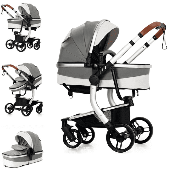 2-in-1 Baby Stroller,Convertible Toddler Stroller,Portable High Landscape Infant Pram with PU Leather,Storage Bag for Infant,Toddler,Unisex,Grey