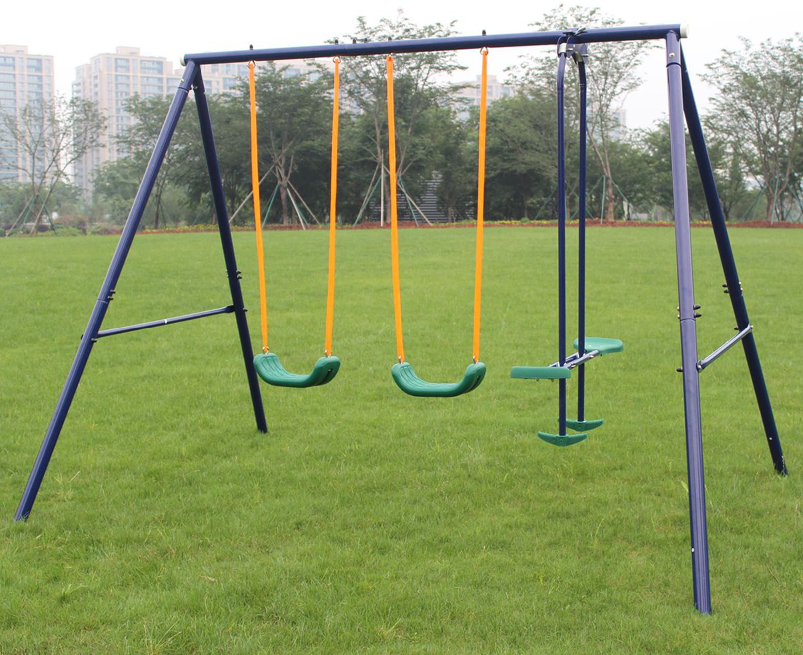 2 in 1 Backyard Swing Set with Belt Swing and Glider, Heavy-Duty A-Frame Metal Swing Stand for Kids Ages 3-8