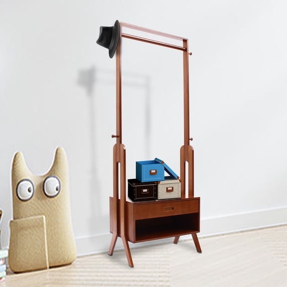 2-in-1 Bamboo Clothes Rack with Storage Cabinet and 4 Hooks for Organization