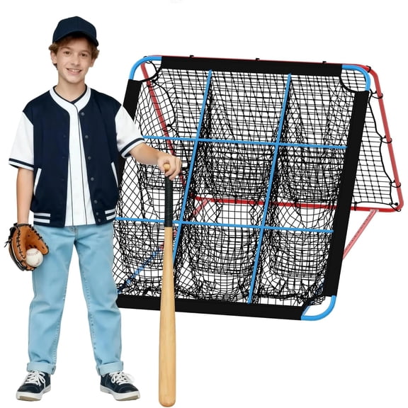 2-in-1 Baseball Rtbounder Net with 9 Holes, Fielding Trainer with 9 Pockets with Adjustable Angles, Multi-Angle Training Net for Football, Volleyball, Basketball, Lacrossr and More
