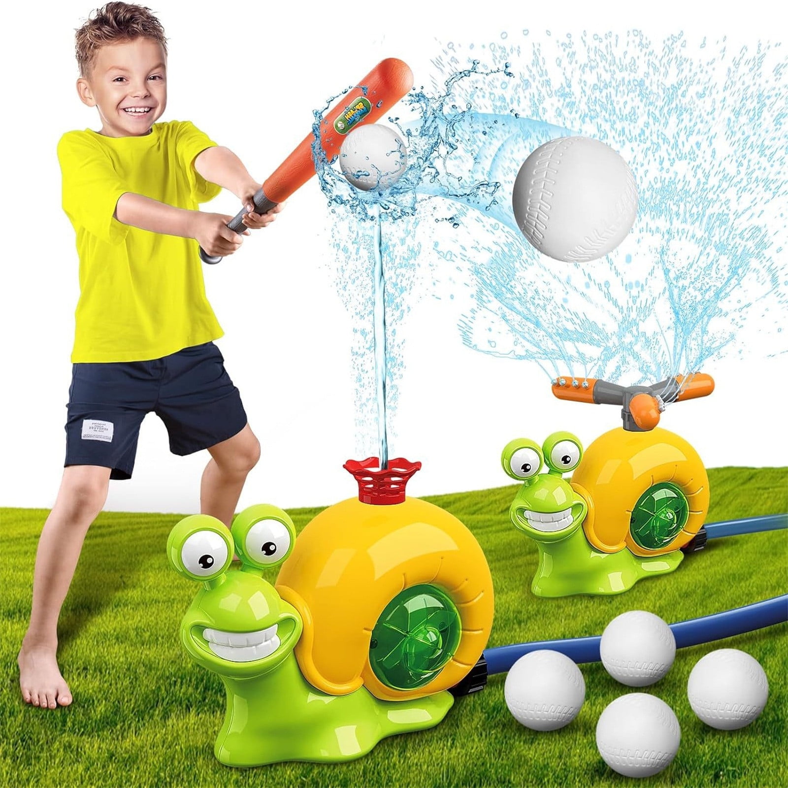 2-in-1 Baseball Water Sprinkler Toy, Kids Outdoor Garden Hose Attachment Game Set, Summer Backyard Lawn Pool Splash Fun with Bat, Balls and Rotating Nozzle