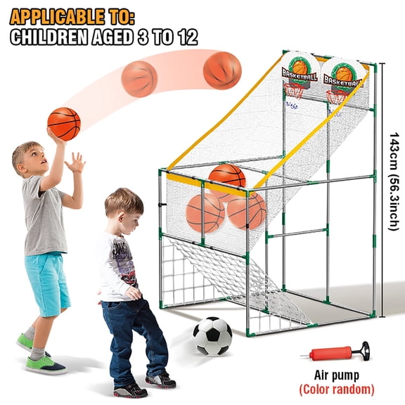 Dual Shot Basketball Arcade Game, Indoor Basketball Hoops & Soccer Goal Playset with 5 Balls for Boys Girls Birthday Gifts